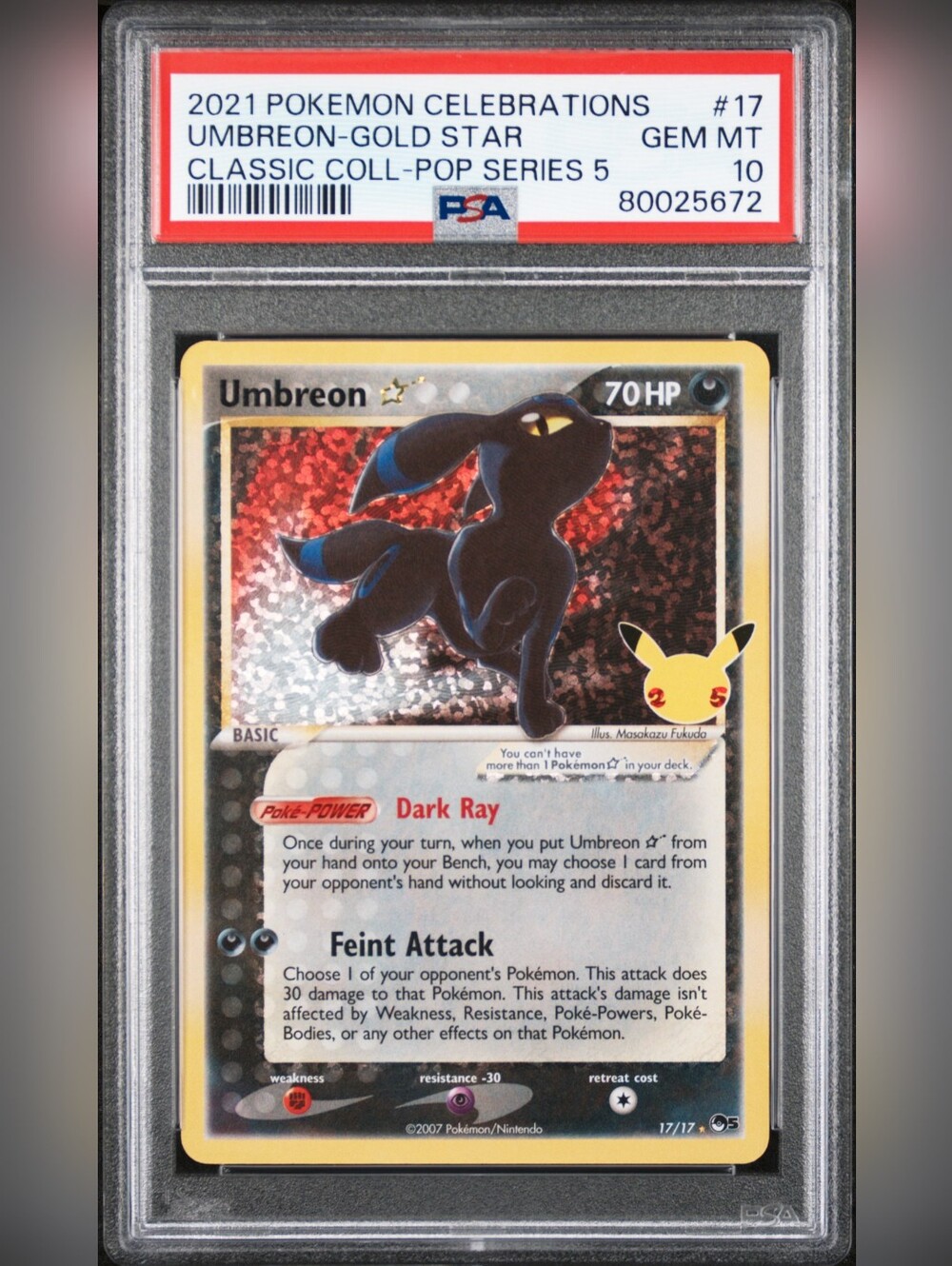 PSA 10 Umbreon Gold Star 17/17 Celebrations Pokémon Card